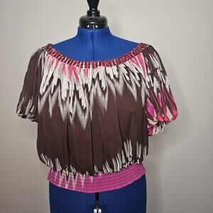 Bebe 100% Silk Embellished Peasant Blouse Top Pink Brown Ikat Print Size M